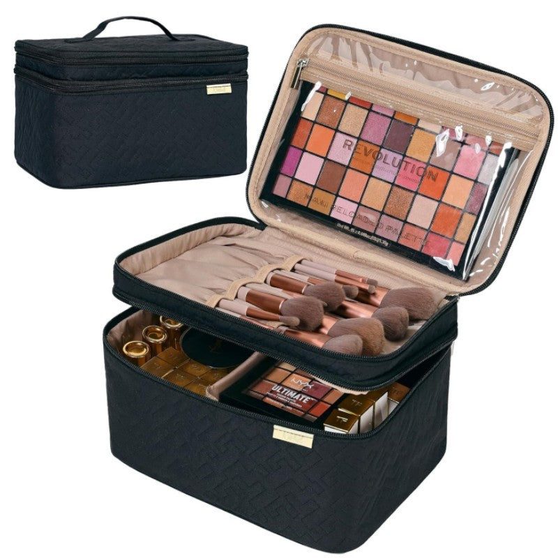 “double layer travel makeup bag portable cosmetic organizer”