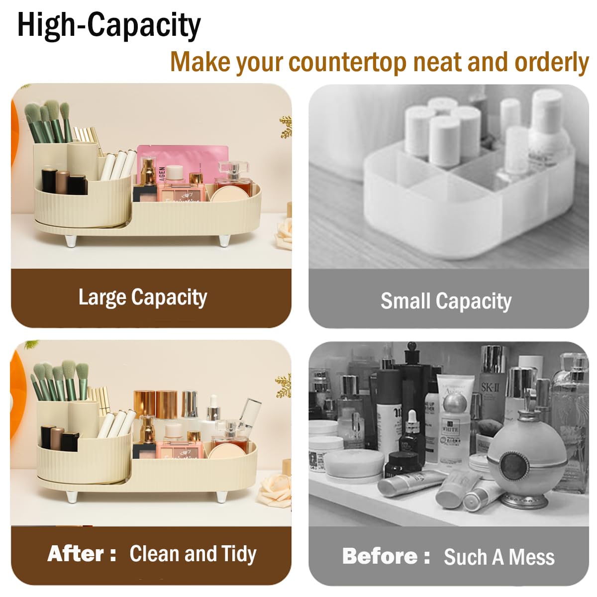 “countertop makeup display case with rotating design”