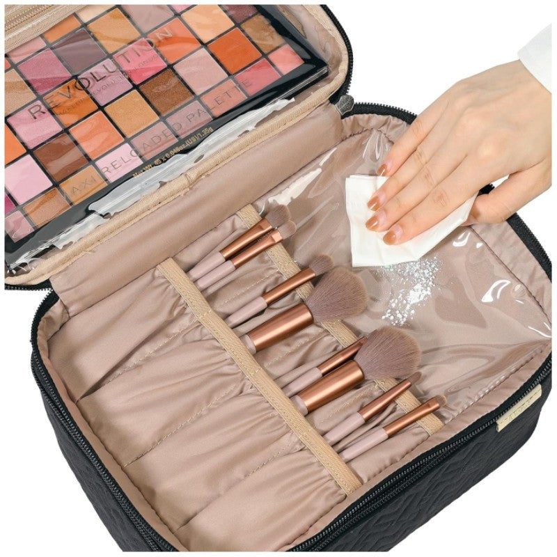 “dual compartment makeup bag for travel and brushes”