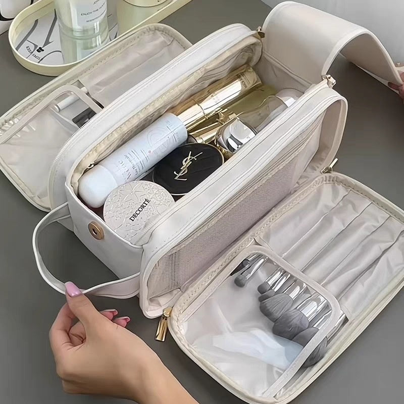 Large Capacity Double Zipper Travel Cosmetic Bag — Wash & Makeup Organizer