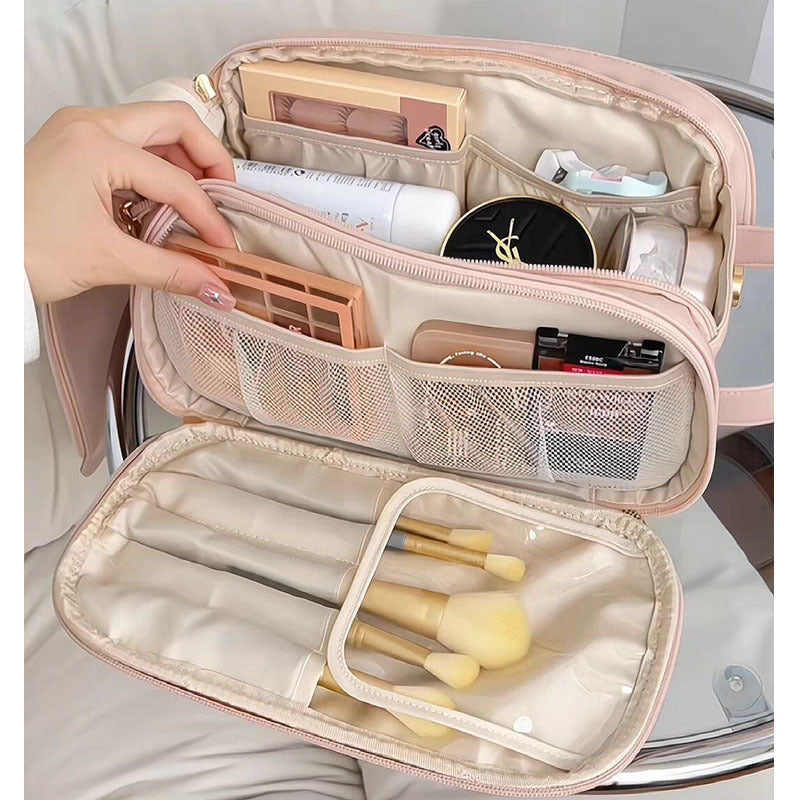 “double zipper cosmetic bag for brushes and essentials”