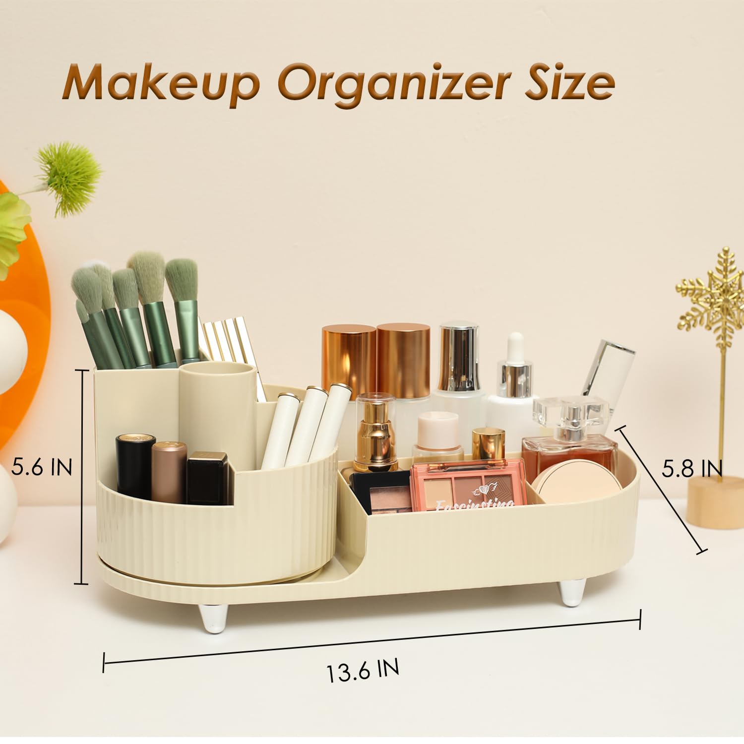 “360 rotating vanity makeup organizer with brush holder”